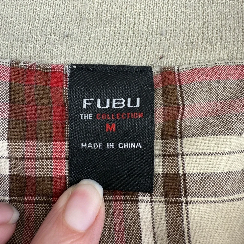 Vtg FUBU The Collection Plaid Bomber Jacket‎ Size M Tan Red Harrington 90s Y2K
